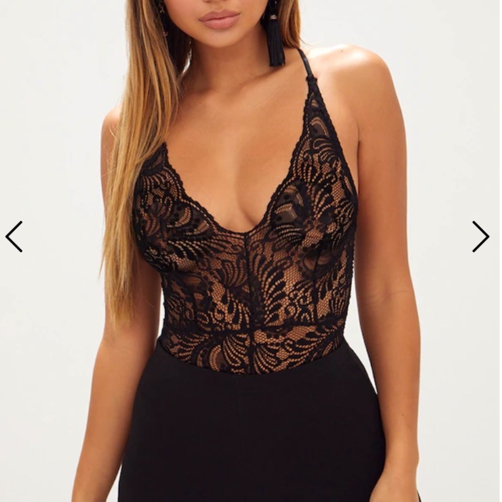 Black Sheer Lace Cross Back Bodysuit